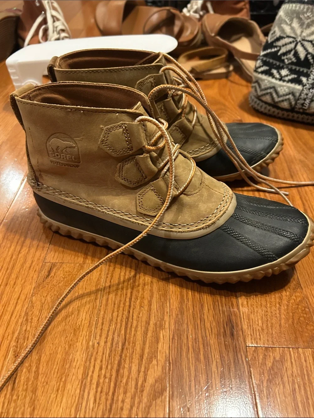 Sorel Women’s Tan and Black Waterproof Duck Boots